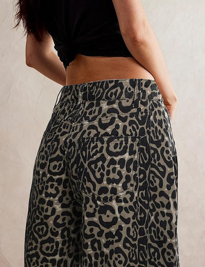 Leopard Print Loose Midi Waist Wide Leg Jeans