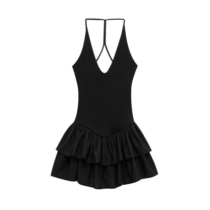 Simple Solid Color Halter Ruffle Dress