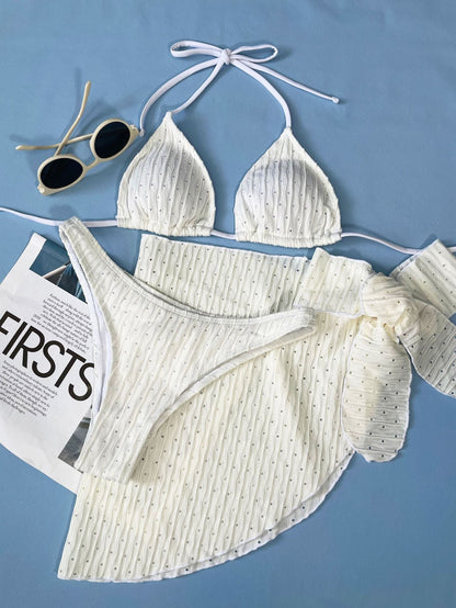 3PCS Sexy Solid Color Mesh Dress Halter Swimwear