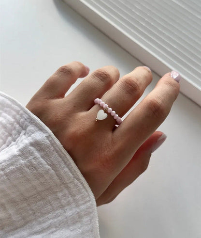 Shell Bead Heart Pendant Stackable Ring