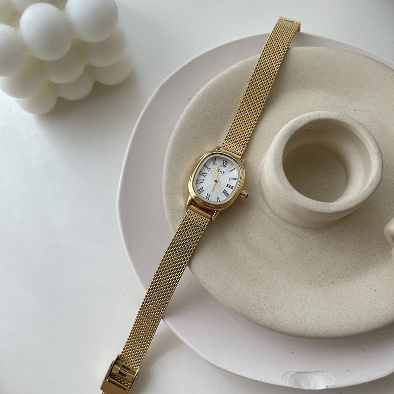 Vintage Oval Slim Strap Roman Numeral Gold Watch