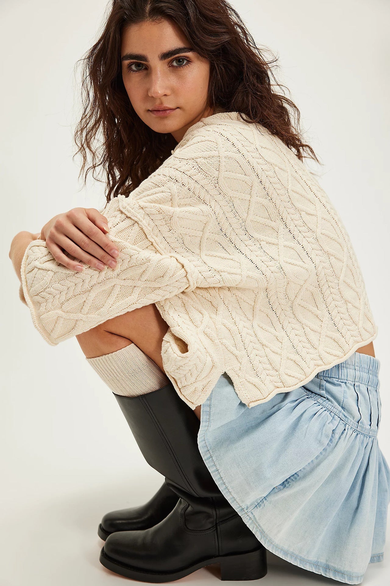 High-Waist Casual Denim Pleated Mini Skirt