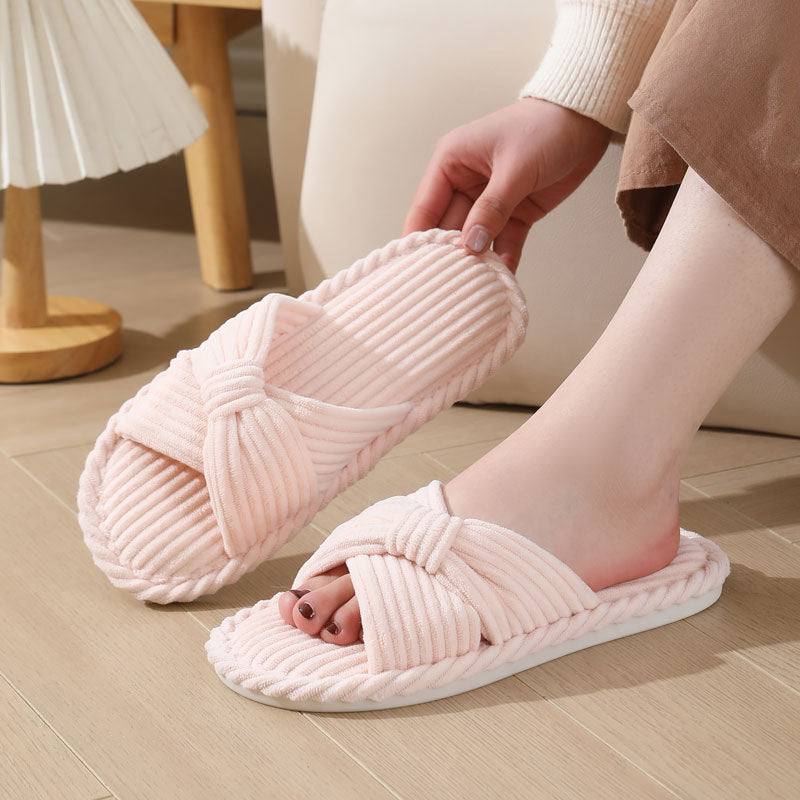 Cozy Corduroy Crossed Bow Indoor Slippers
