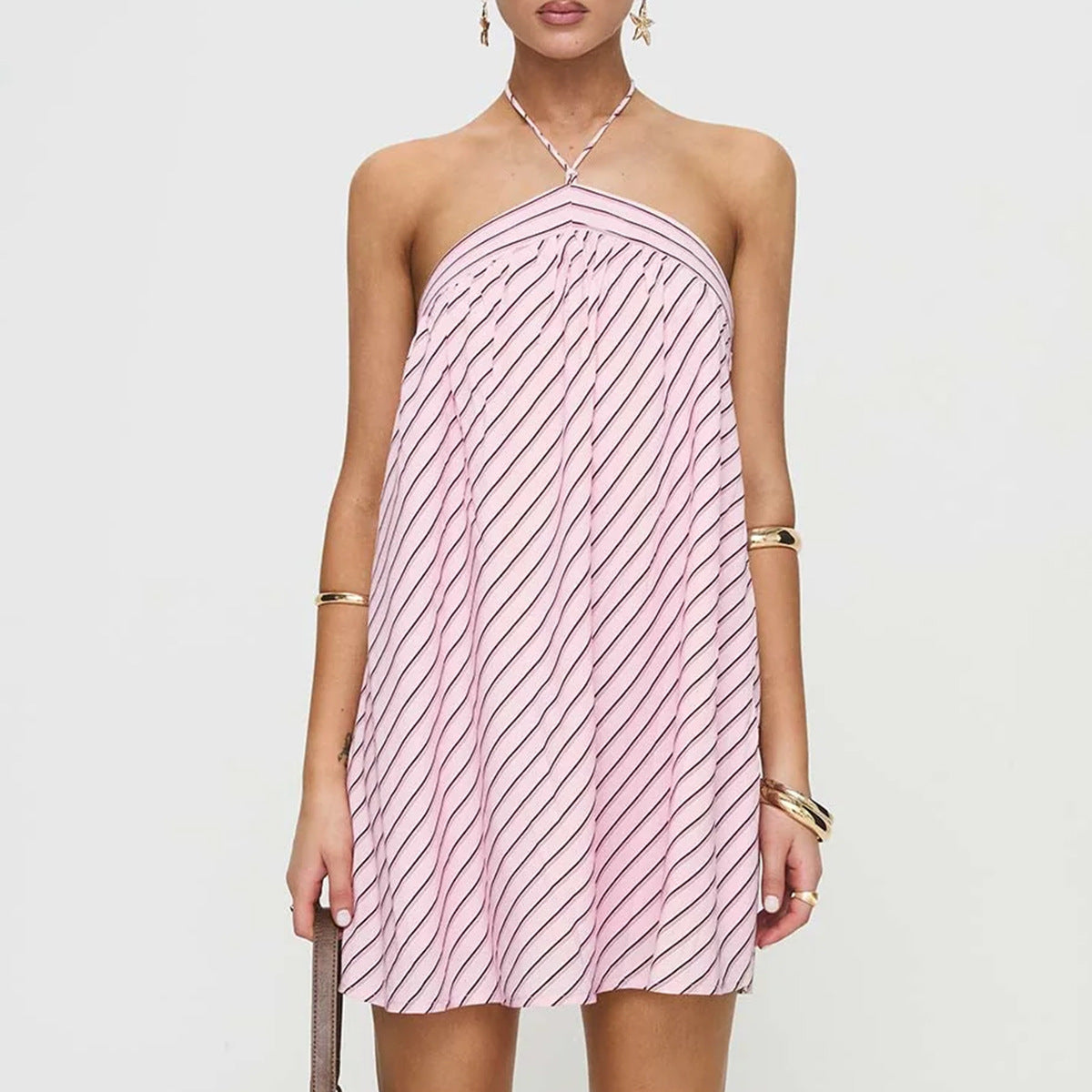 Cute Solid Color Striped Halter Backless Dress