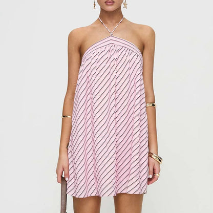 Cute Solid Color Striped Halter Backless Dress
