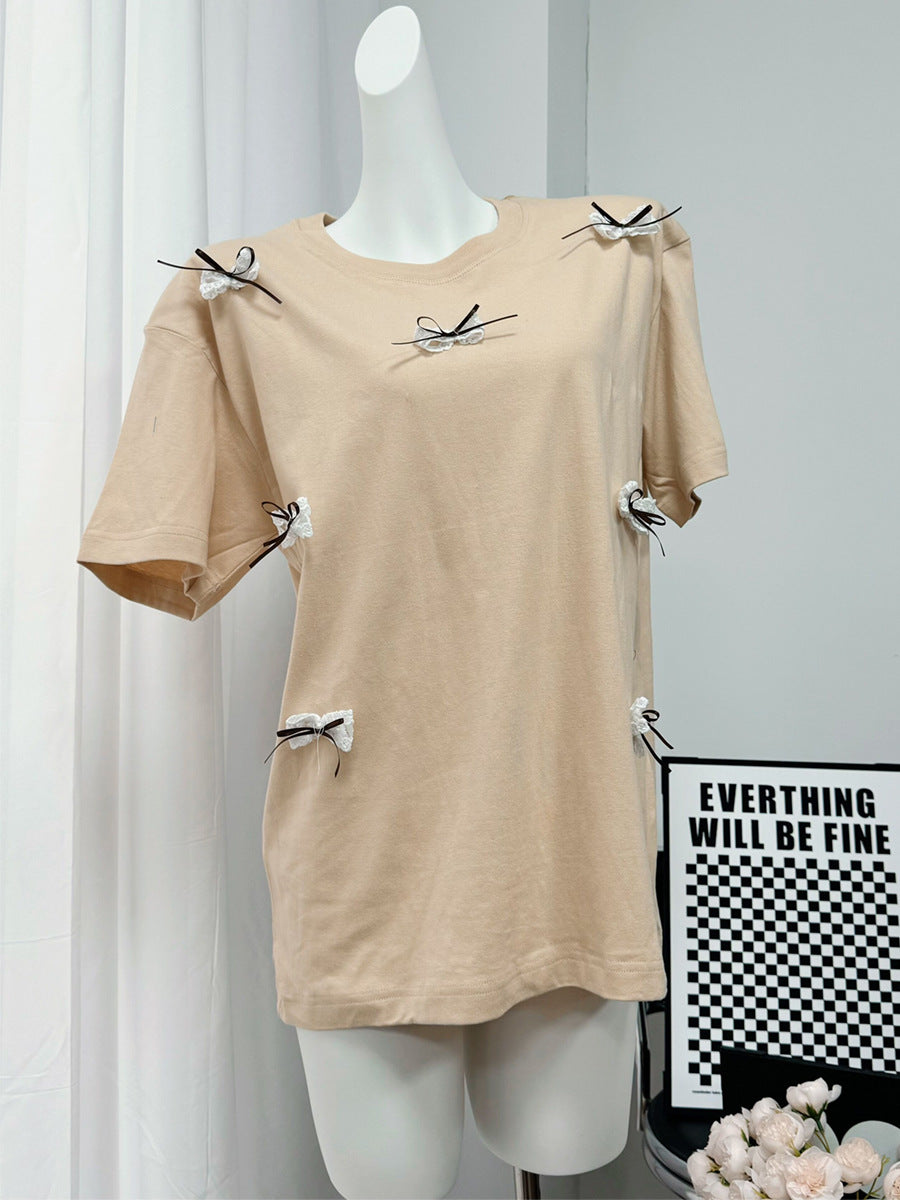 Simple Bow Round Neck Short Sleeves Top