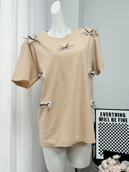 Simple Bow Round Neck Short Sleeves Top