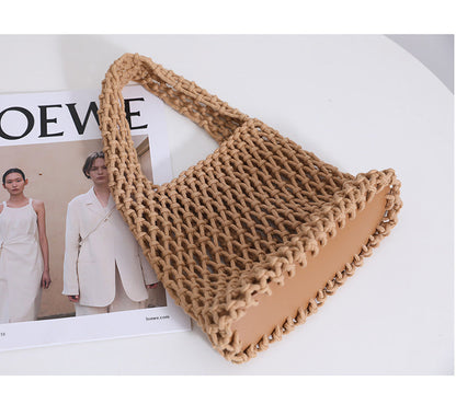 Solid Color Hollow Out Woven Handbag
