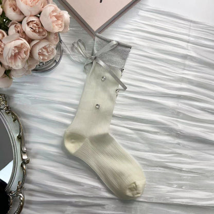 Bow Rhinestone Ruffle Thin Socks
