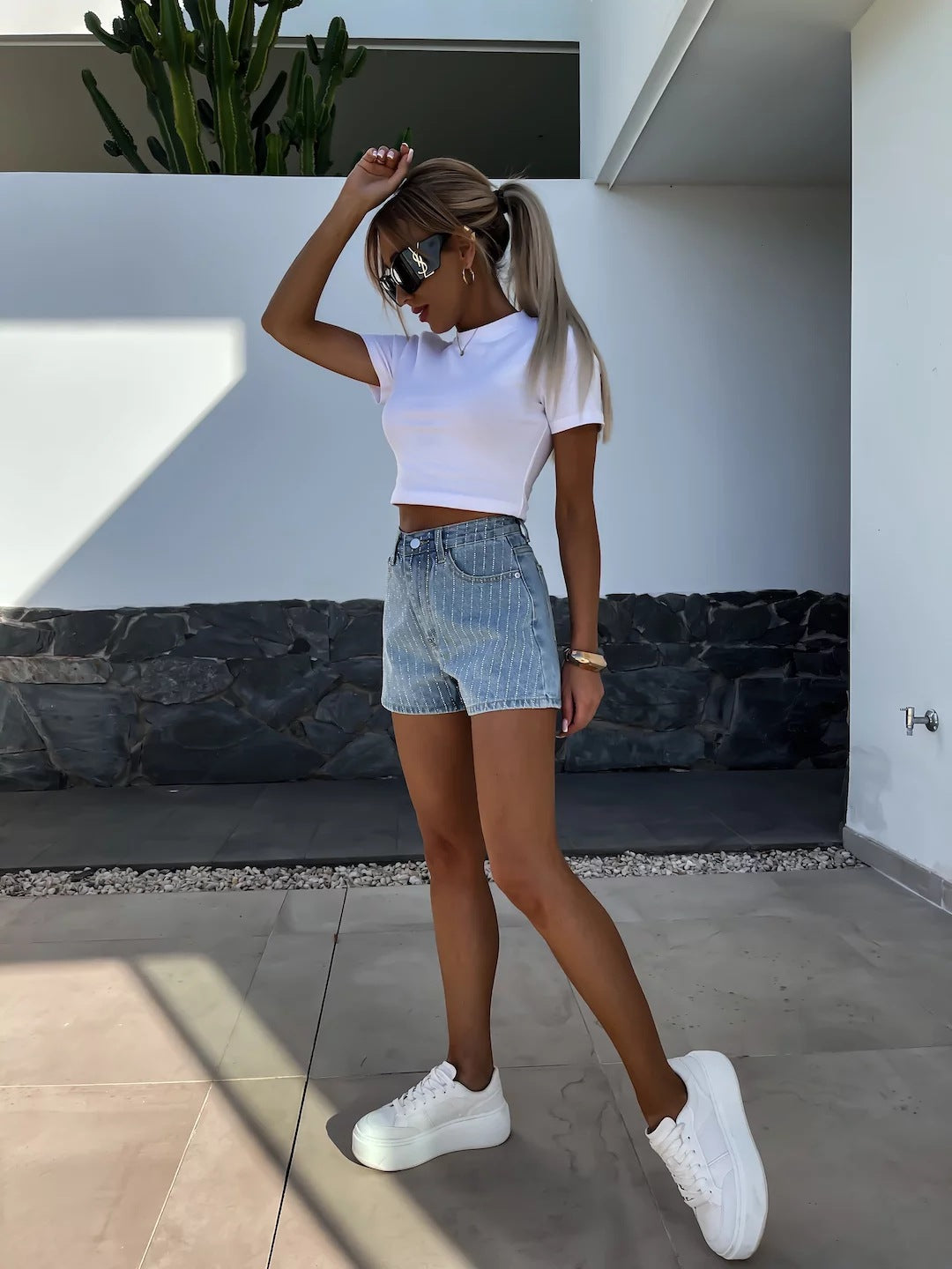 Rhinestone High Waist Denim Shorts