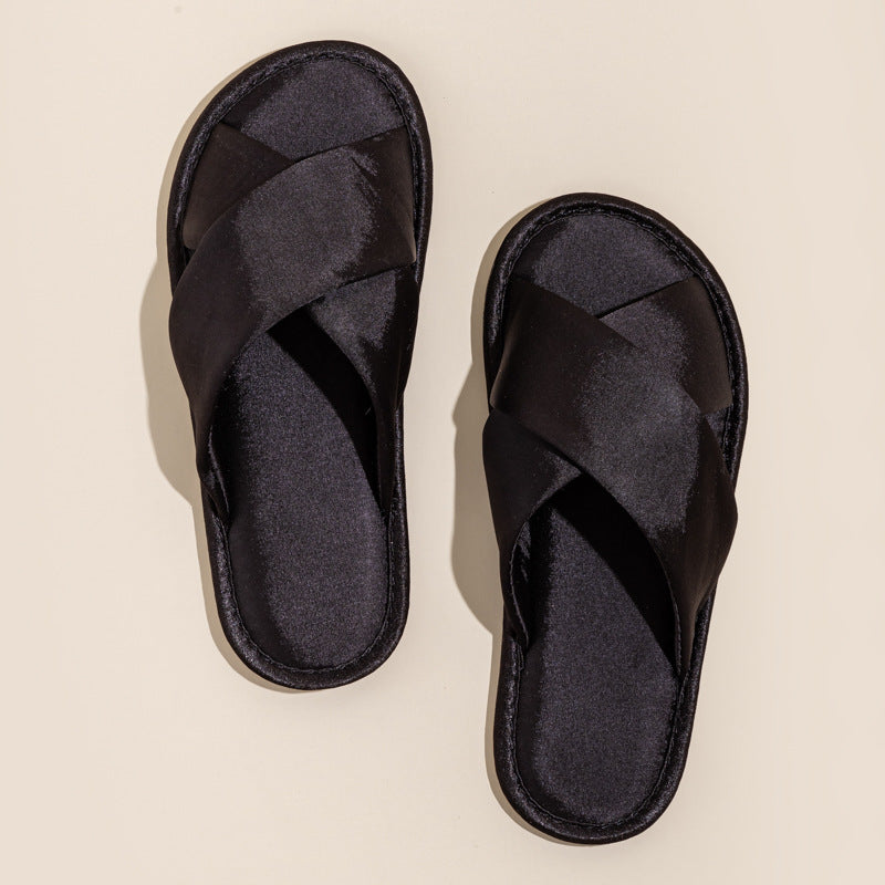 Solid Color Crossed Satin Slide Slippers