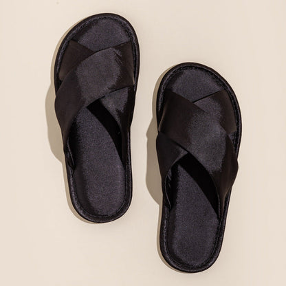 Solid Color Crossed Satin Slide Slippers