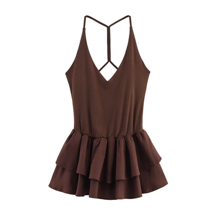 Trendy Solid Color Ruffle Hem Halter Dress