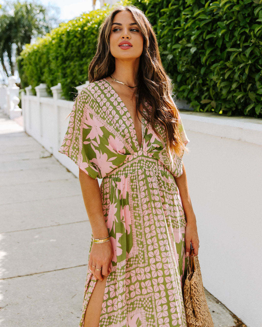 V-Neck Floral Print Side Split Dress