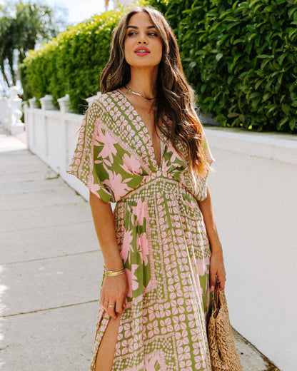 V-Neck Floral Print Side Split Dress