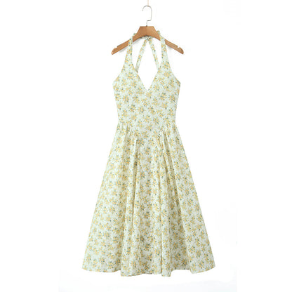 Solid Color Halter V-Neck Ruffle Maxi Dress