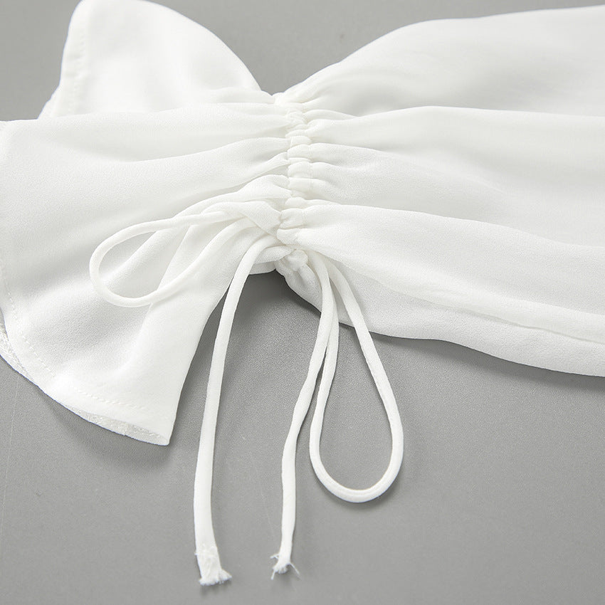 Elegant Solid Color Tie-Front Drawstring Chiffon Top