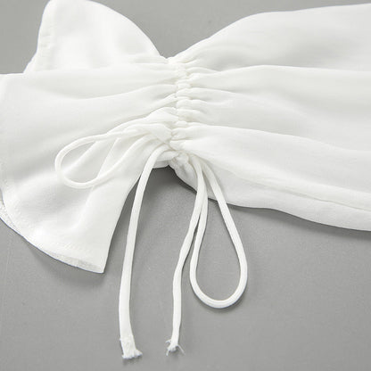 Elegant Solid Color Tie-Front Drawstring Chiffon Top
