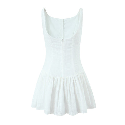 Solid Jacquard Square Neck Button-Up Mini Dress