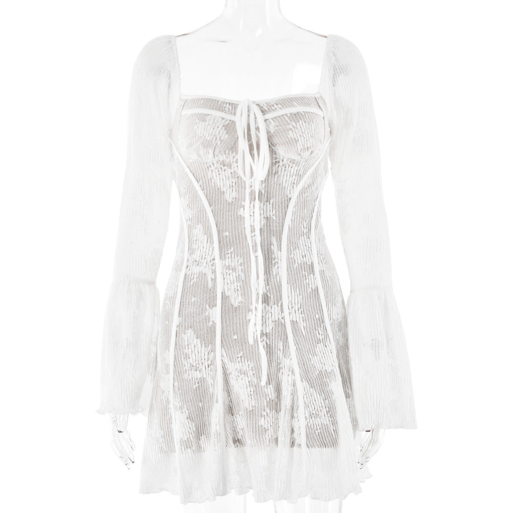 Lace Backless Wrap Floral Sleeves Mini Dress