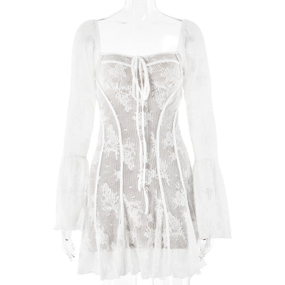 Lace Backless Wrap Floral Sleeves Mini Dress