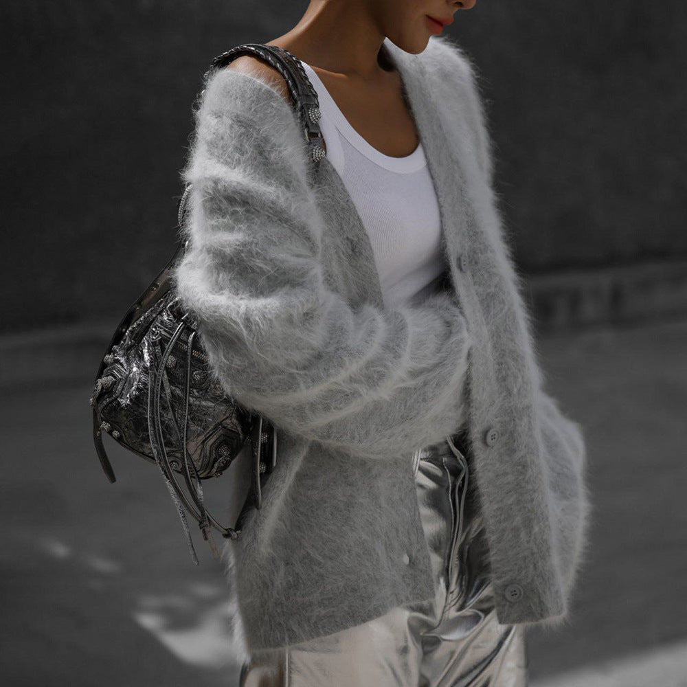 V-Neck Loose Mohair Sweater Cardigan
