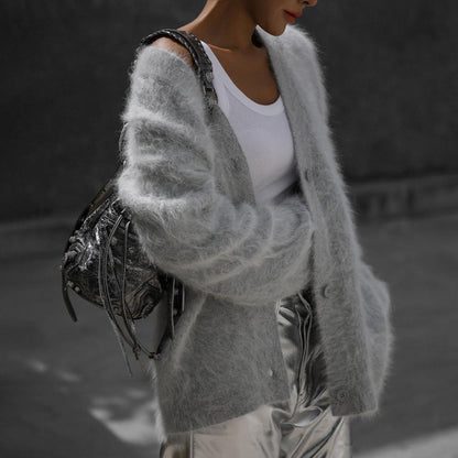 V-Neck Loose Mohair Sweater Cardigan