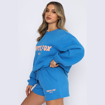 Letter Print Loose Sweatshirt Short Casual Set