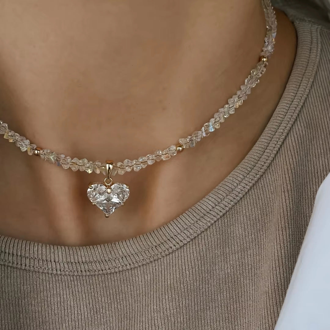 Crystal Beaded Heart Pendant Choker Necklace