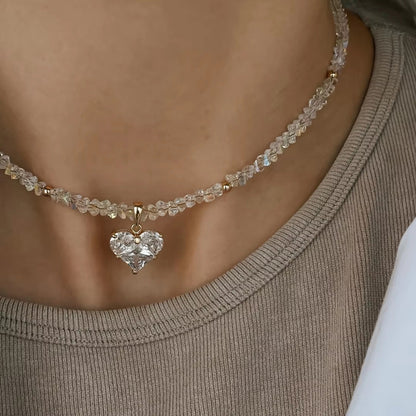 Crystal Beaded Heart Pendant Choker Necklace