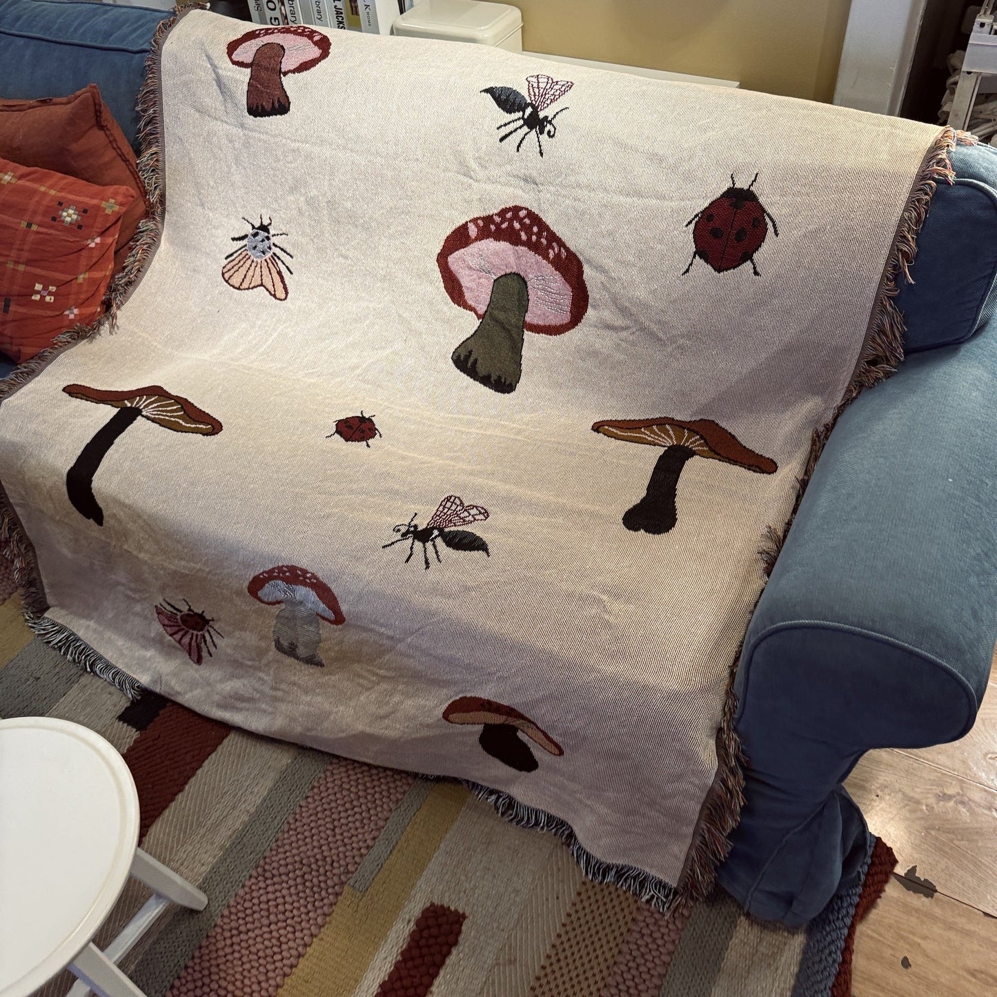 Whimsical Mushroom Pattern Insect Tapestry Throw Blanket