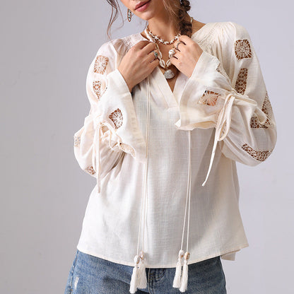 Hollow String Flare Sleeves Pullover Shirt