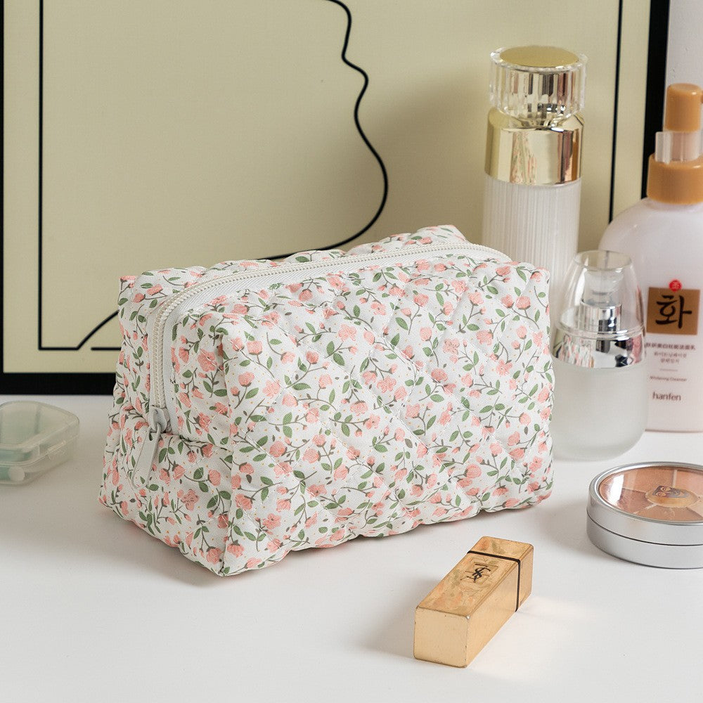 Floral Print Square Quilted Makeup Bag