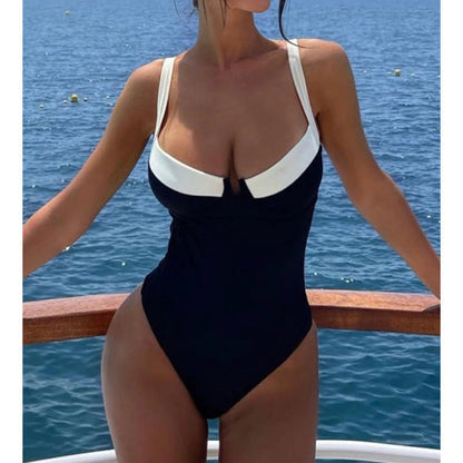 Color Block Sexy U-Neck One Piece Swimwear