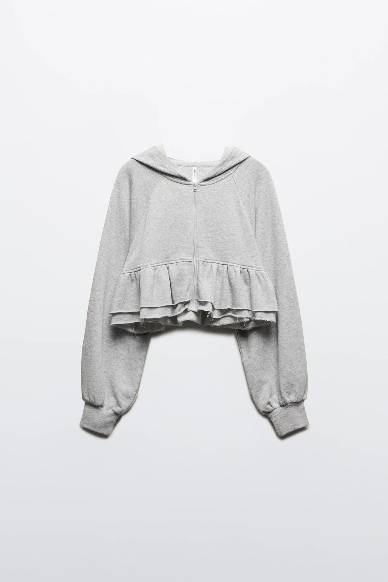 Solid Color Ruffle Trim Zip-Up Hoodie Sweatshirt