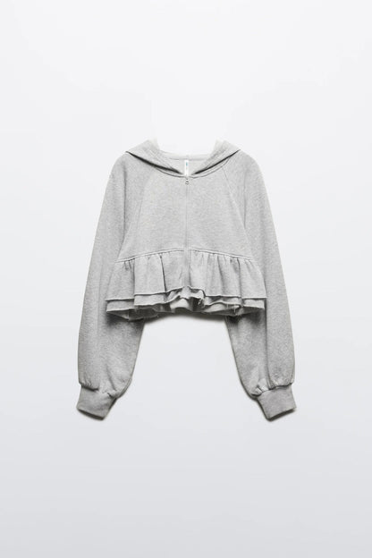 Solid Color Ruffle Trim Zip-Up Hoodie Sweatshirt
