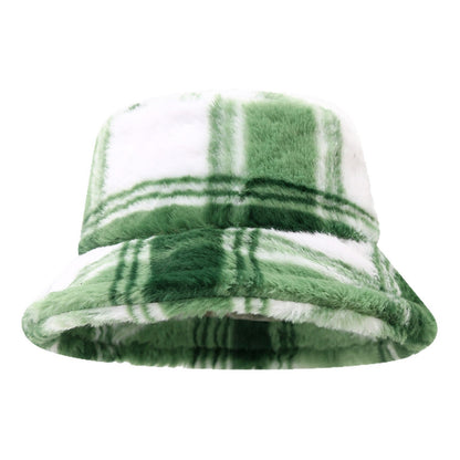 Color Block Plaid Soft Fleece Bucket Hat