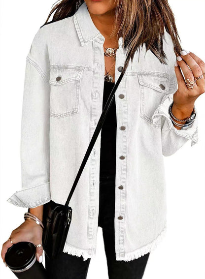 Trendy Washed Long Sleeve Frayed Hem Jacket