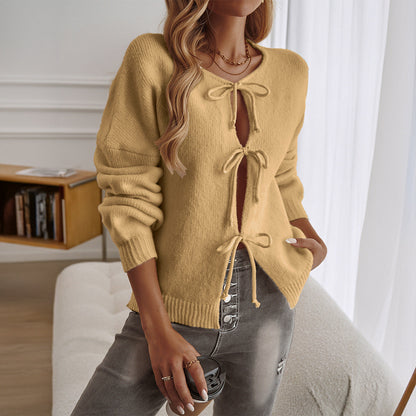 Solid Color String Tie Loose Cardigan