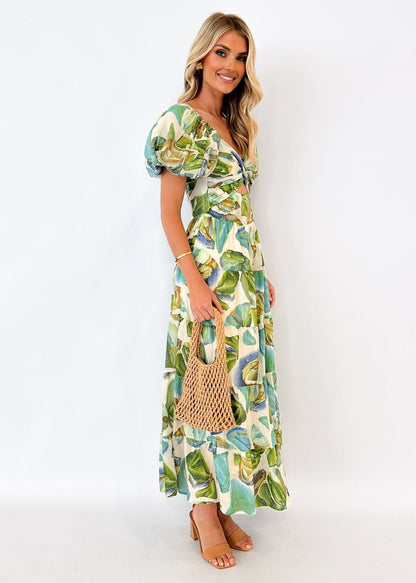 Puffy Sleeves Floral Print Belted Dress