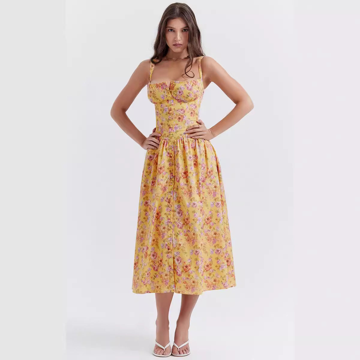 Flower Print Low Collar Spaghetti Midi Dress