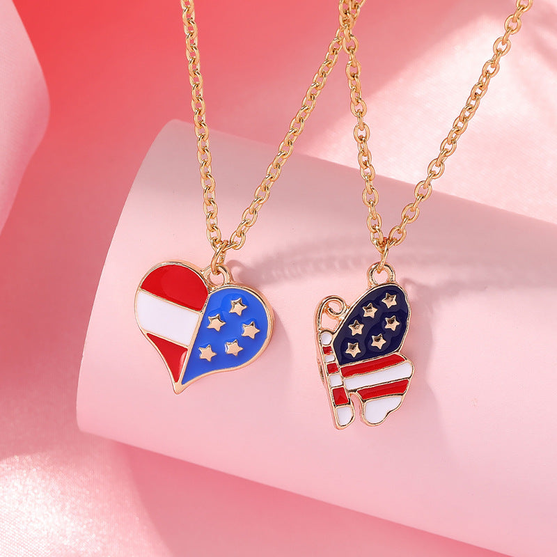 2Pcs USA Flag Heart Necklace Butterfly Necklaces