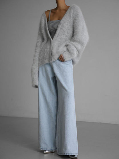 V-Neck Loose Mohair Sweater Cardigan