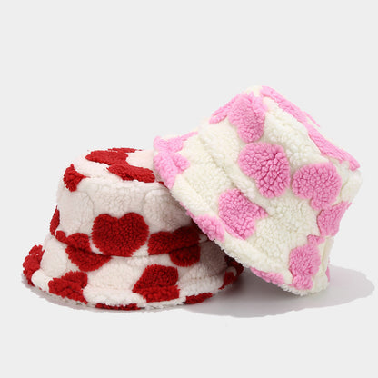 Casual Heart Pattern Soft Fuzzy Winter Bucket Hat
