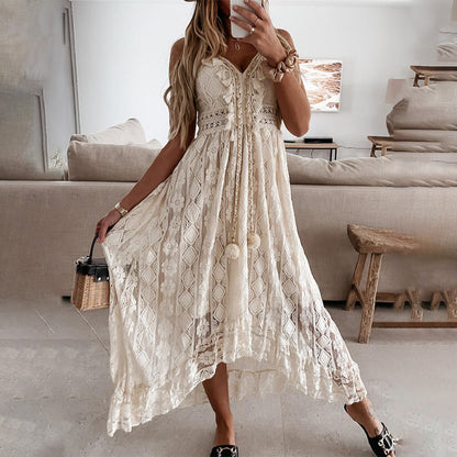 V-Neck Lace Irregular Long Dress