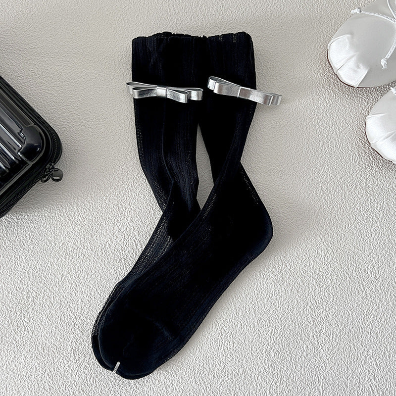 Sweet Leather Bow Mesh Thin Socks