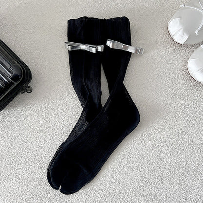 Sweet Leather Bow Mesh Thin Socks