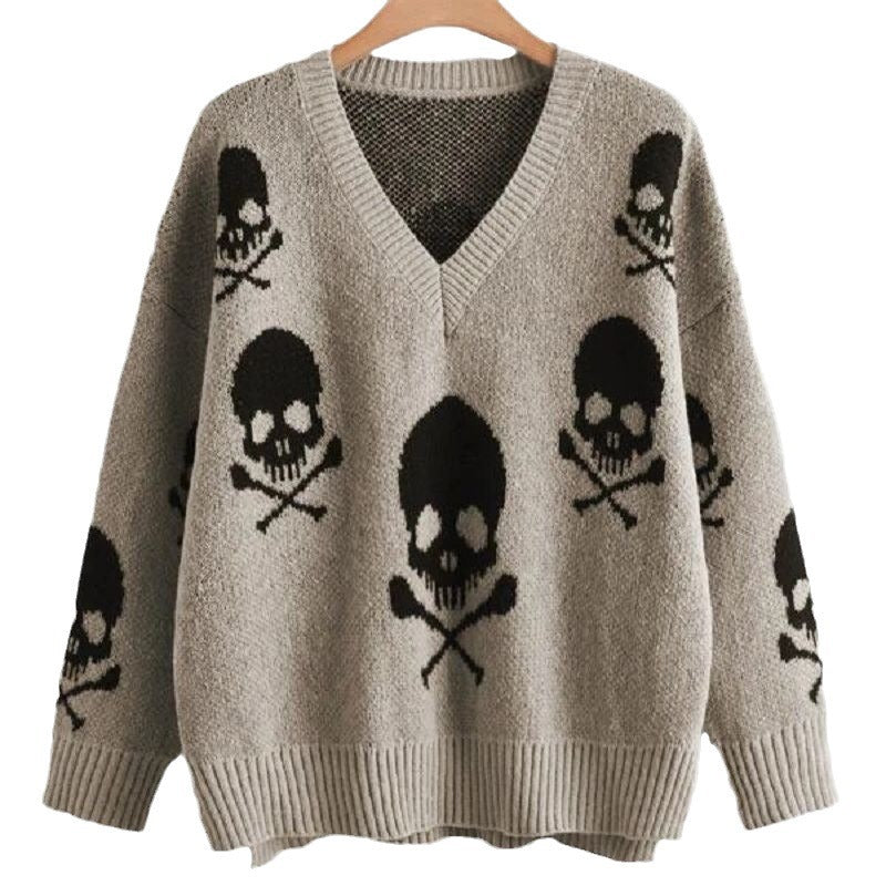 Halloween V-Neck Skull Pullover Sweater