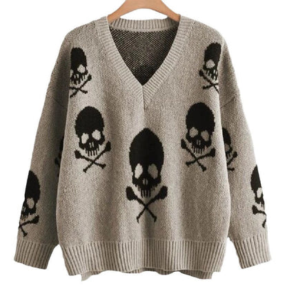 Halloween V-Neck Skull Pullover Sweater