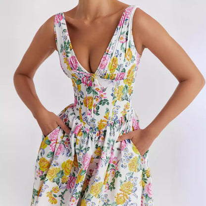 V-Neck Slim Sleeveless Floral Print Midi Dress